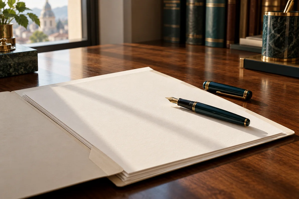 Documentos y pluma, imagen conceptual creada con IA